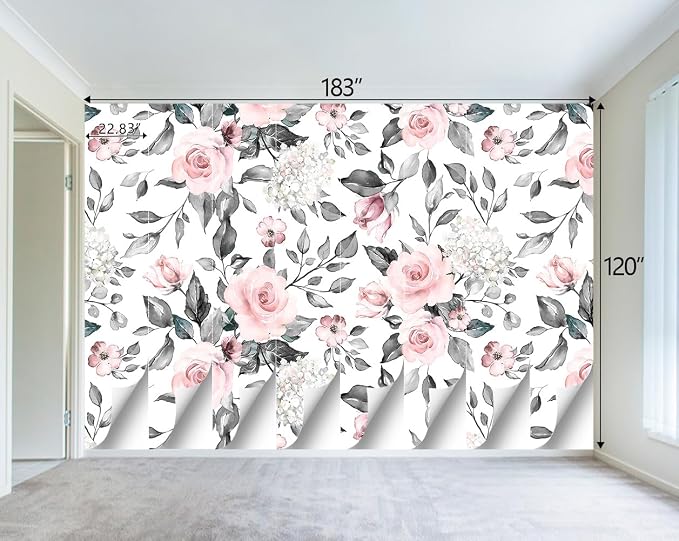 Grey Leaf Pink Flowers Mural Bedroom Floral Wallpaper Room Decor Living Room tv - Image 4