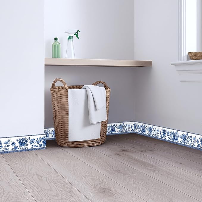 Blue Floral Wallpaper Border 196x4 Inch Vintage Peel and Stick Wall Border - Image 4
