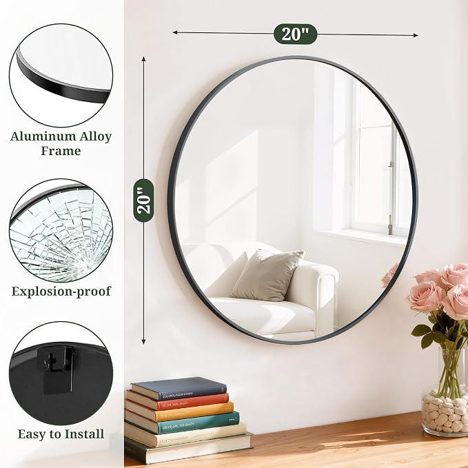 Round Wall Mirror 20 Inch Black Vanity Mirror - Image 2