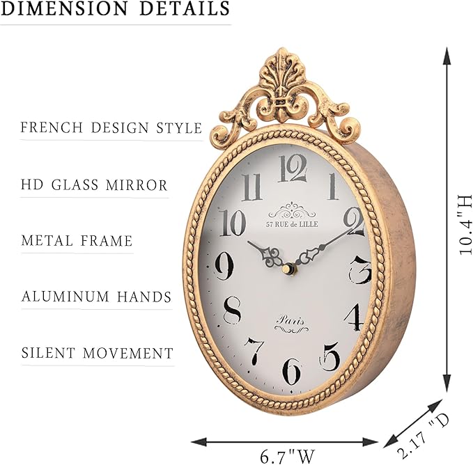 Abdurey Small French Retro Decorative Wall Clock, Antique Gold Vintage Oval - Image 2