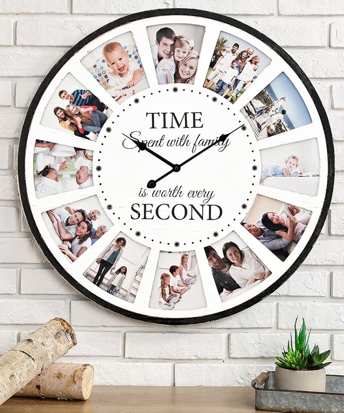 12 Photo Collage Family Wood Wall Clock, Rustic Farmhouse Wall Clock, Large - Image 3