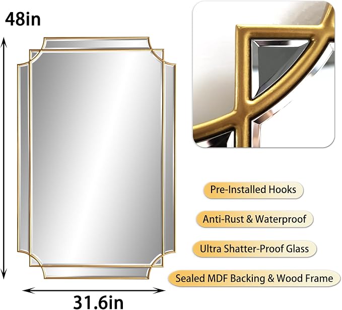 HQiJun Gold Mirror for Wall, Polished Bevelled Rectangle Mirror, Modern - Image 5