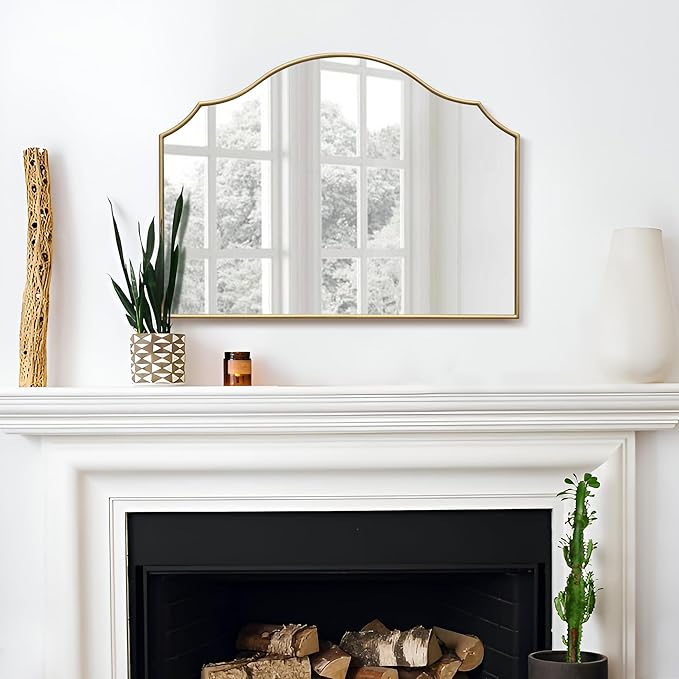 Besdomus Gold Scalloped Mirror for Vanity: 32"x24" Modern Minimalist Wooden - Image 6