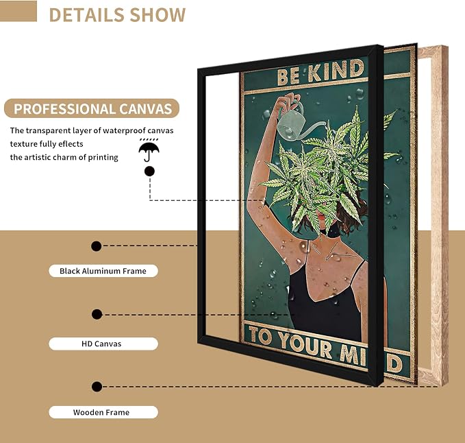 Framed Art Vintage Be Kind To Your Mind Poster Mental Health Quote Canvas Wall - Image 3