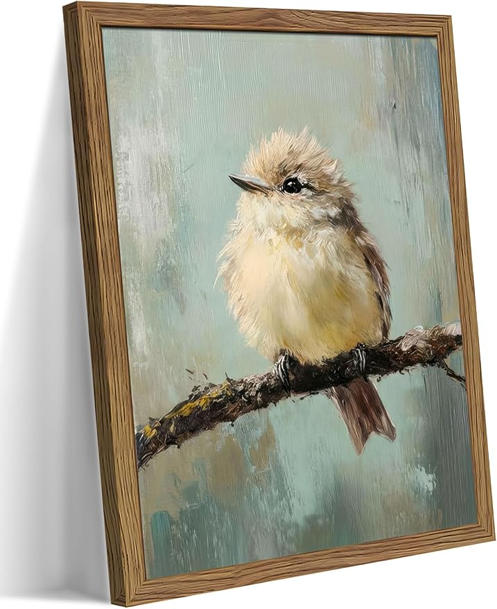 Vintage Framed Bird Wall Art, Rustic Sparrow on Branch Canvas Wall Decor by Unknown