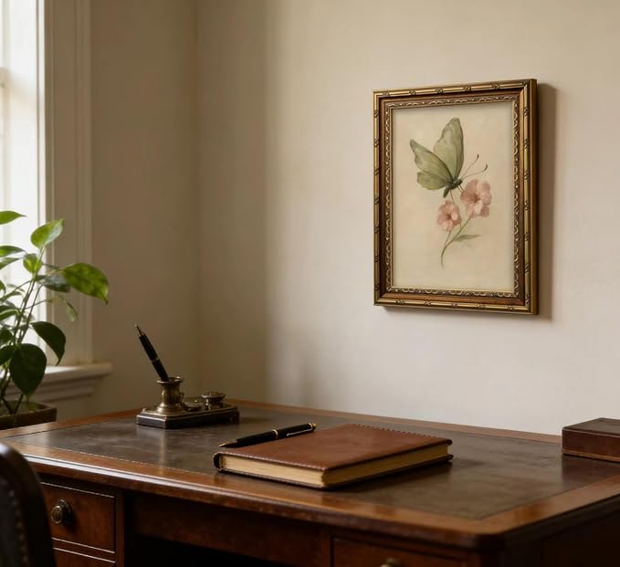 Vintage Gold Framed Wall Art, Retro Butterfly and Pink Flower Oil Painting - Image 4
