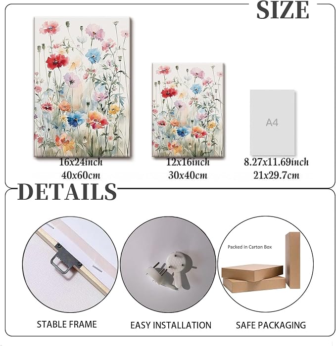 KISSFOX Framed Colorful Wildflower Canvas Wall Art Set Of 3 Flowers Pictures - Image 3