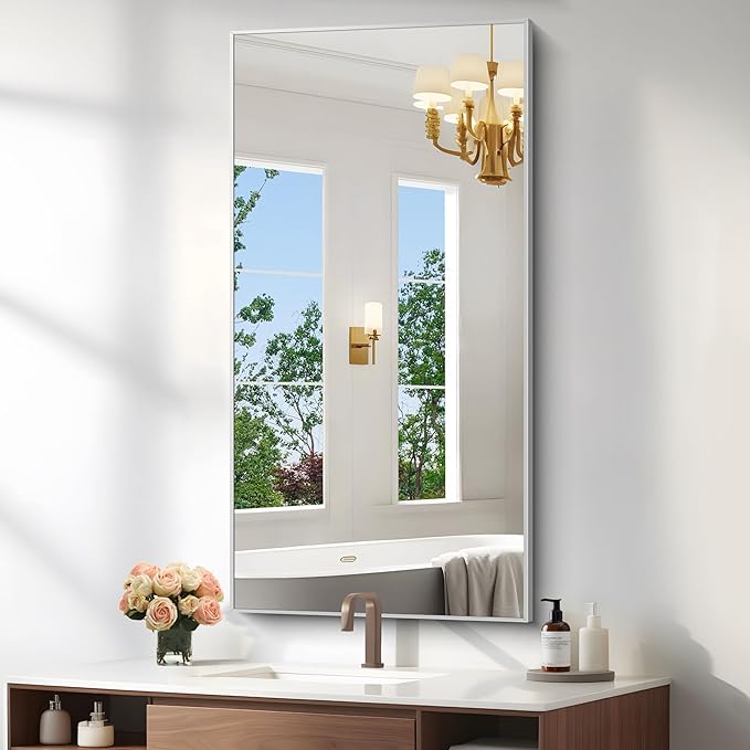 KOCUUY Silver Bathroom Mirror, HD Tempered Glass, Anti-Rust Brushed Silver Frame by KOCUUY