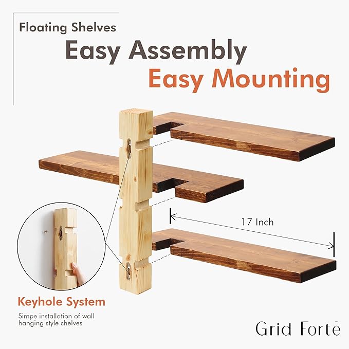 GRID FORTE Wood 3 Tier Floating Shelf, Large Minimalist Wall Shelves, Mid - Image 6