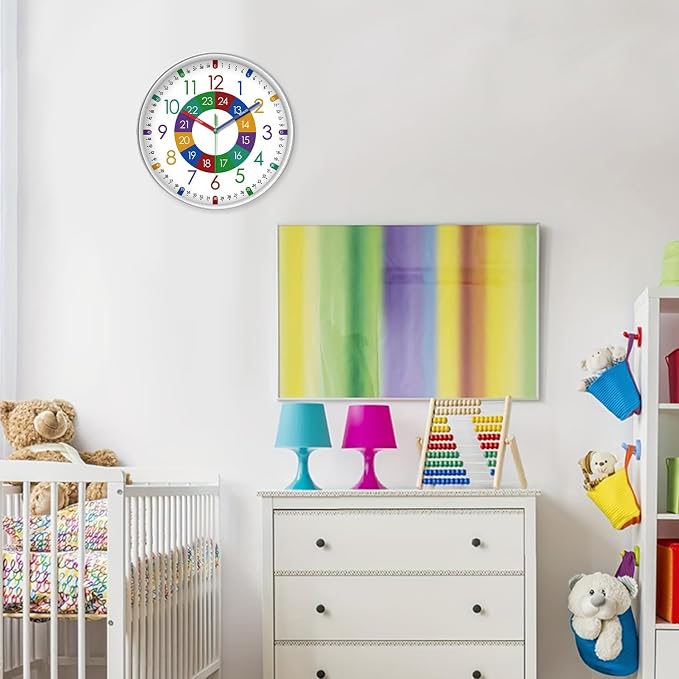 XFM Kids Wall Clock for Children's Bedroom 10 Inch Round Multi-Colored Learning - Image 3