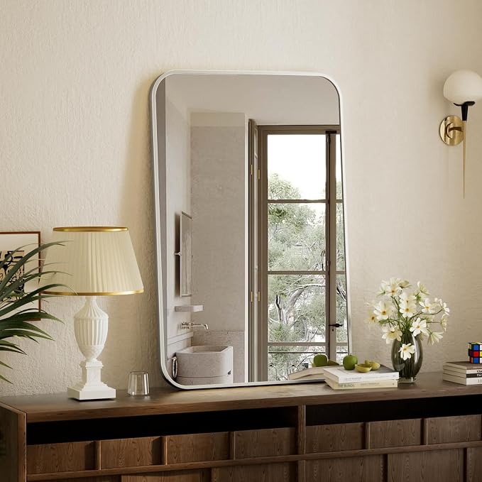 BEAUTYPEAK Silver Wall Mounted Bathroom Mirror, Aluminum Alloy Frame Bathroom - Image 6