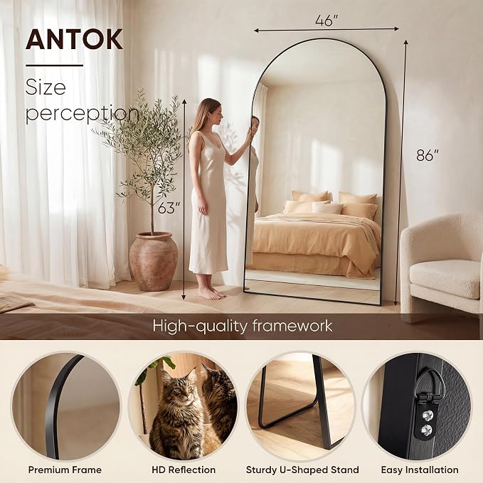 Antok 86" x46” Arched Full Length Floor Mirror, Free Standing/Wall Mount/Leaning - Image 4