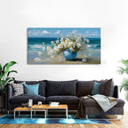 Vintage Flowers Canvas Wall Art White Blossom Painting Retro Flowers in Blue - Image 5