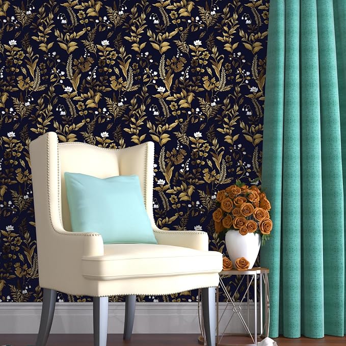 Extra Long Dark Navy Vintage Floral Wallpaper 17.5In x 393In Boho Peelable - Image 6