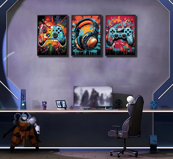 3Pcs Framed Cool Gaming Wall Art Retro Video Gamer watercolor Posters Pictures - Image 7
