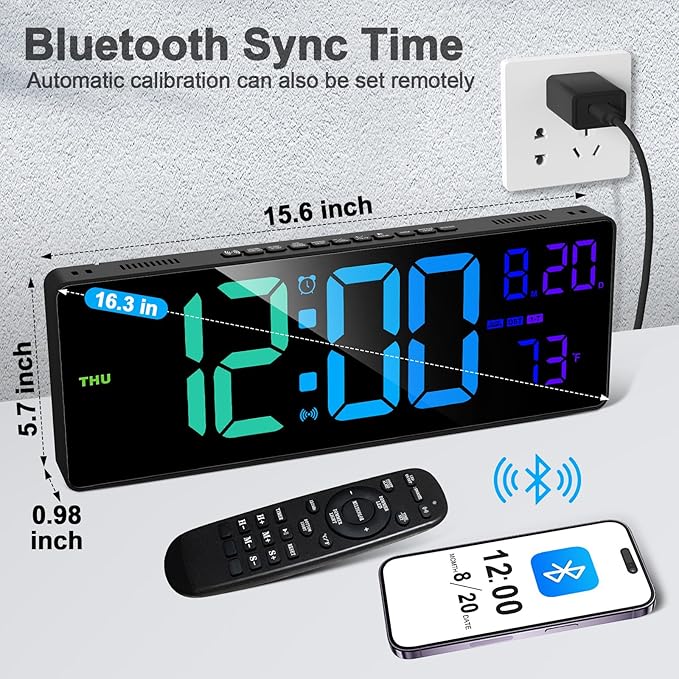 XREXS 16.3" Bluetooth Large Digital Wall Clock - Image 2