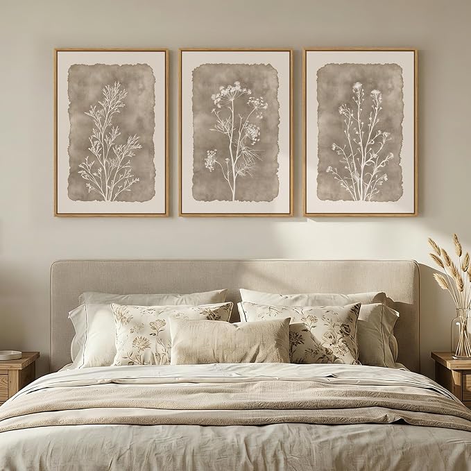 3 Piece Framed Neutral Botanical Wall Art Set, Large Farmhouse Floral Canvas - Image 2