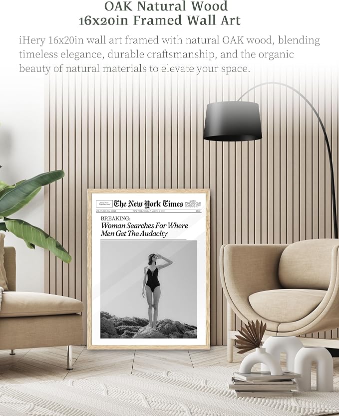 iHery Framed Trendy NewsPaper Wall Art, Large 16x20in Canvas Wall Art, Woman - Image 2