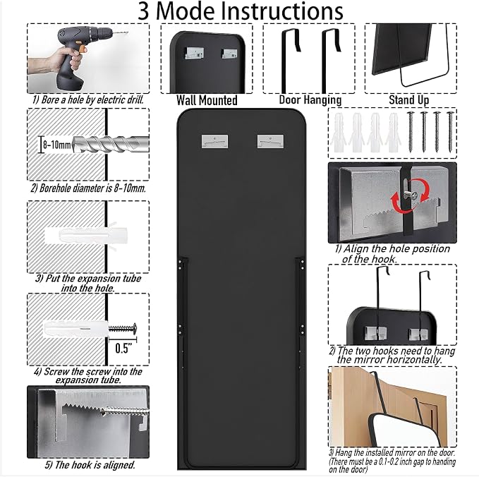 SCWF-GZ 57x20 Door Hanging Full Length Mirror, Floor or Wall Mounted Metal - Image 7