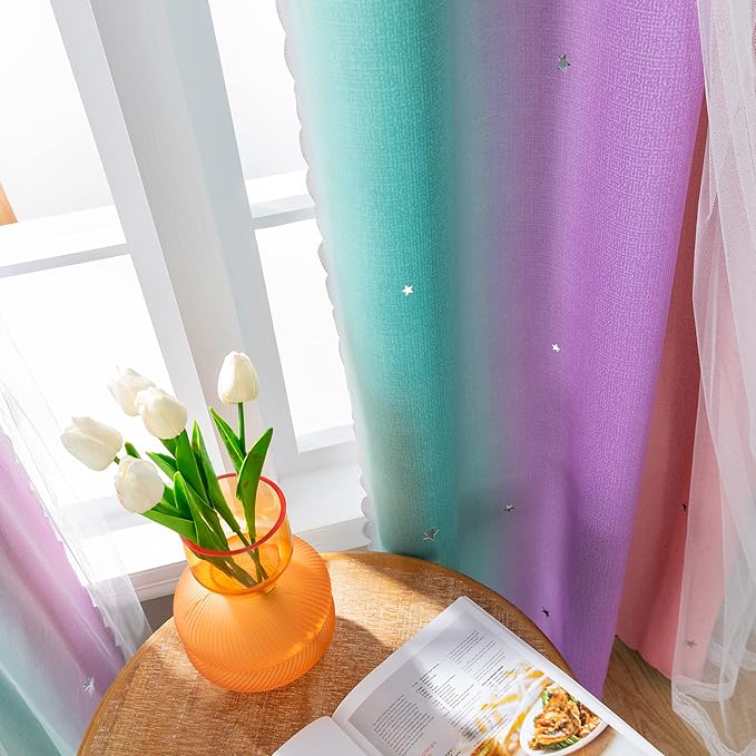 XiDi Curtains for Bedroom Decor, Rainbow Pink Purple Green 62/79/1 - Image 4