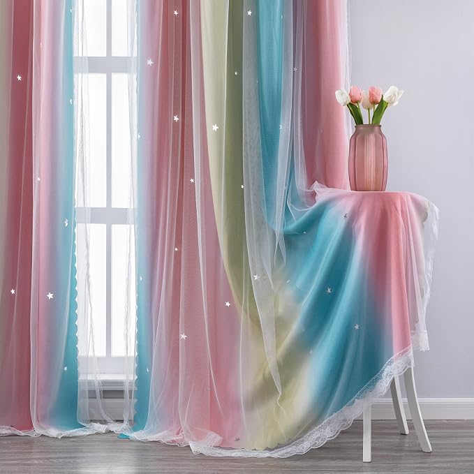 XiDi Curtains for Bedroom Decor, Rainbow Pink-Blue-52-45 - Image 4