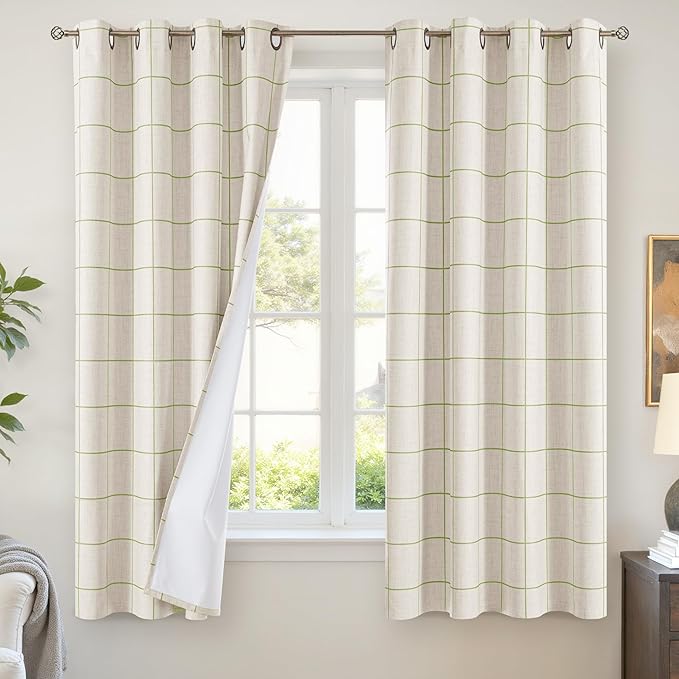 Lajode Sage Green Plaid Linen Blackout Curtains by Lajode