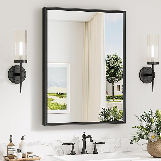 Keonjinn 24 x 32 Inch Black Bathroom Mirror, Beveled Rectangle Framed Mirror by Keonjinn