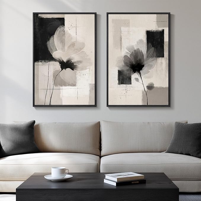 Framed Neutral Abstract Floral Wall Art, 2 Piece Black and Beige Minimalist by Cuspin