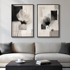 Framed Neutral Abstract Floral Wall Art, 2 Piece Black and Beige Minimalist by Cuspin