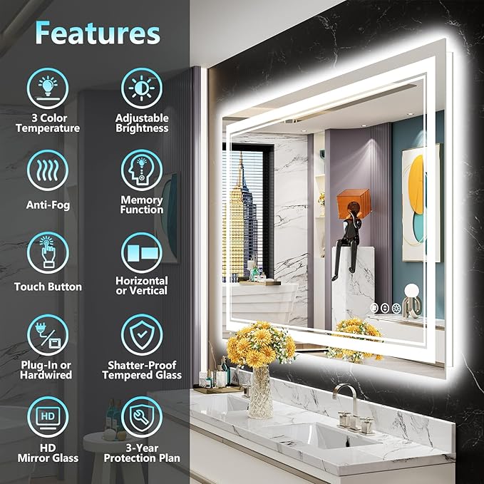 48x28 LED Bathroom Mirror with Lights, Backlit and Front Lit Anti-Fog Lighted - Image 2