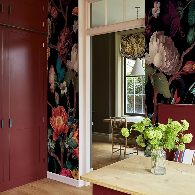 Zeeko Floral Wallpaper Black Peel and Stick Wall Mural Canvas Fabric Vintage - Image 4
