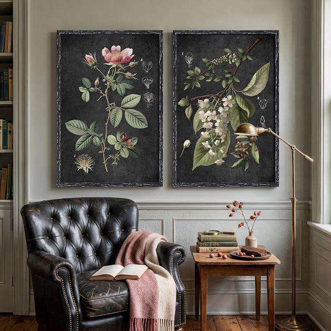 Large Framed Vintage Botanical Wall Art Set of 2, Rustic Retro Dark Floral - Image 2