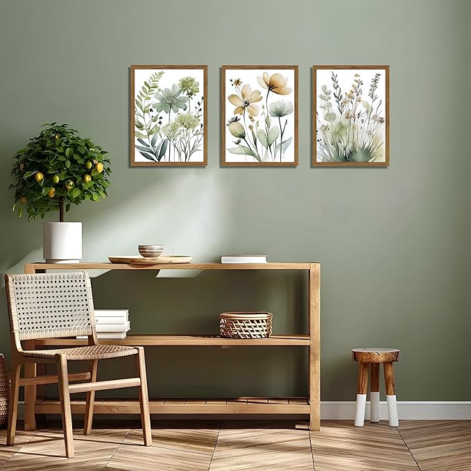 Wood Framed Sage Green Botanical Wall Art Set of 3, Boho Floral Canvas Wall - Image 2
