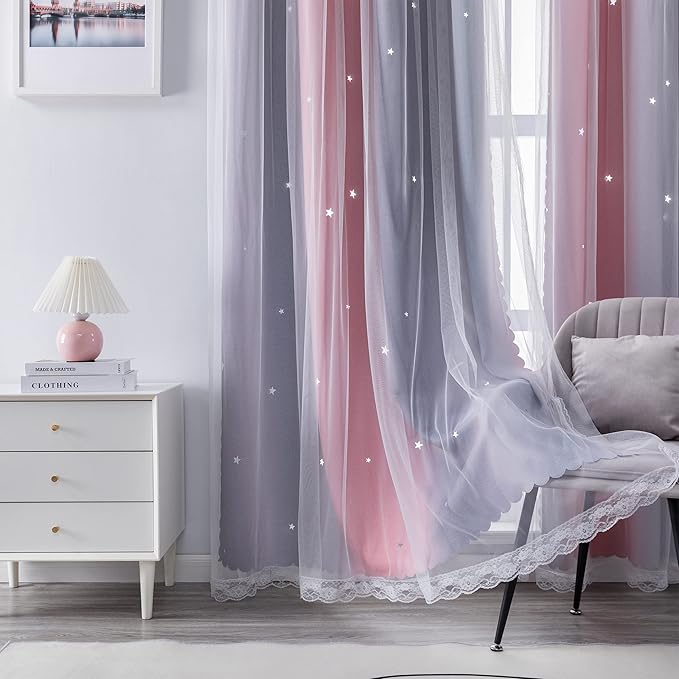 XiDi Curtains for Bedroom Decor, Rainbow Pink-Grey-34-90 - Image 4