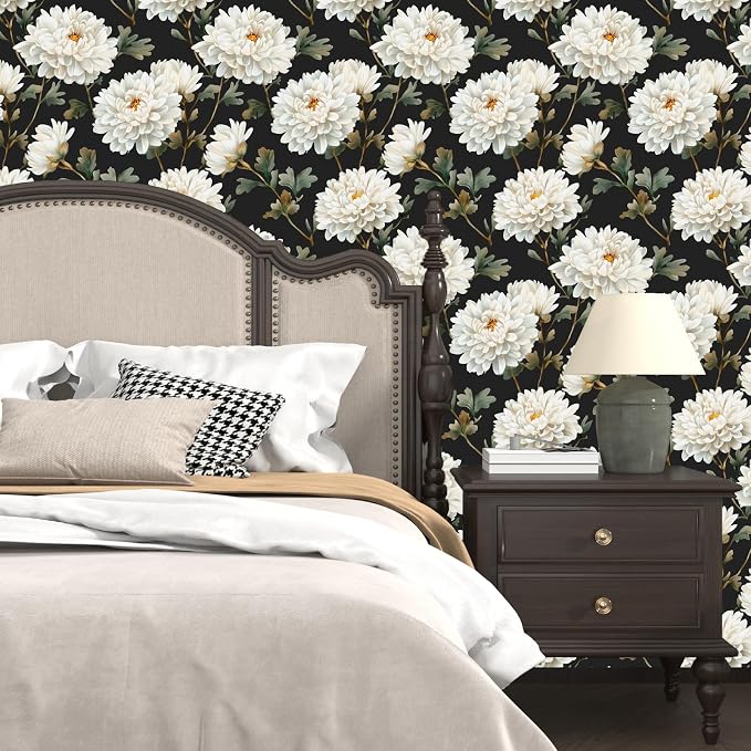 Laatse Black White Floral Peel and Stick Wallpaper Chrysanthemum Contact Paper - Image 5