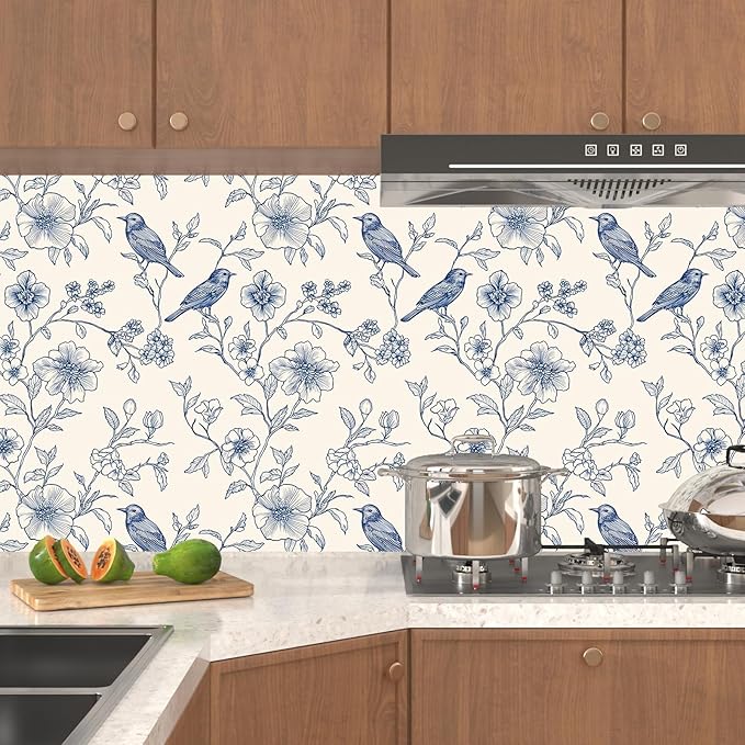 Beige Wallpaper Peel and Stick Blue Floral Bird Vintage Contact Paper 17.5" x - Image 3