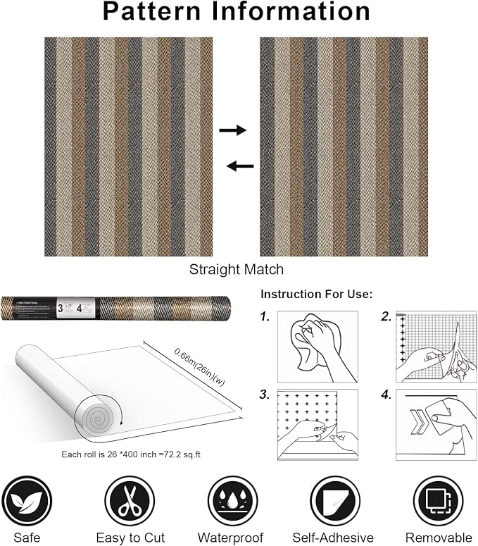 Textured Fabric Wallpaper Peel and Stick Large Size 26"x400" Beige/Brown/Grey - Image 7