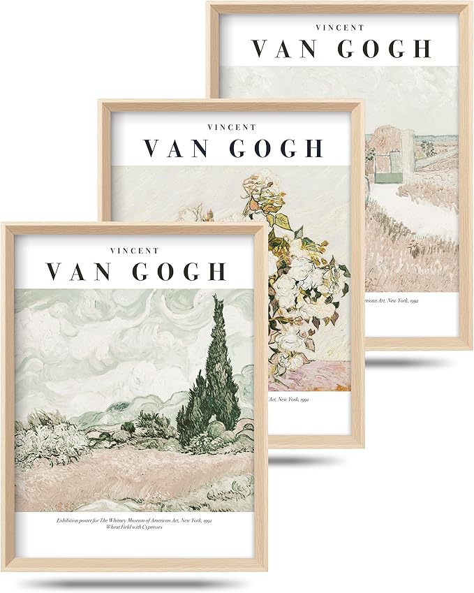 HesenDot Van Gogh High Framed Wall Art Set of 3, 12x16in Neutral Floral Canvas by HesenDot
