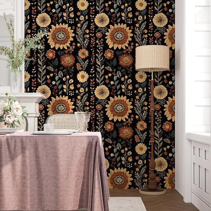 Boho Dark Floral Peel and Stick Wallpaper, Vintage Black Brown Flower Pattern - Image 6