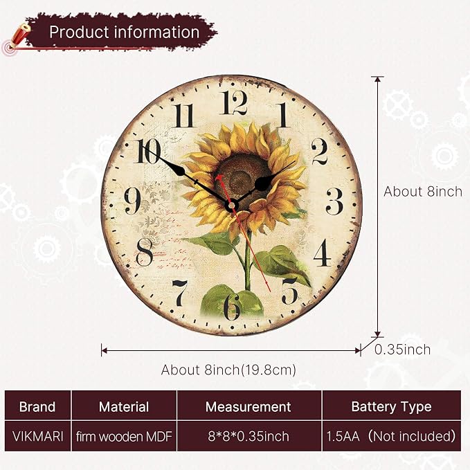 VIKMARI Sunflower Wall Clock Silent Non Ticking - Image 3