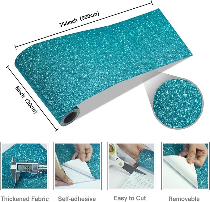 CRE8TIVE 8"x354" Teal Blue Glitter Wallpaper Stick and Peel Wall Border Fabric - Image 9