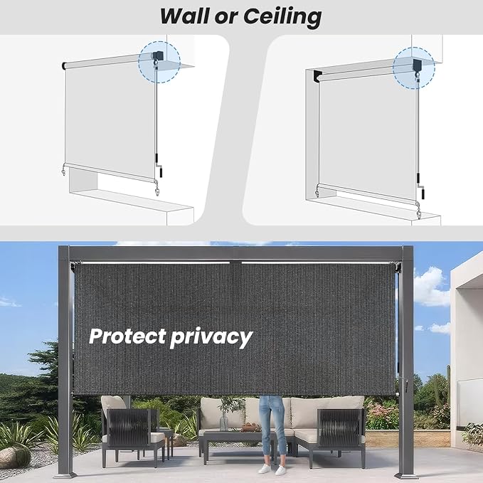 6'W x 6'H Gray Patio Shades Roll up Outdoor Roller Shade Crank Wand Blind - Image 6