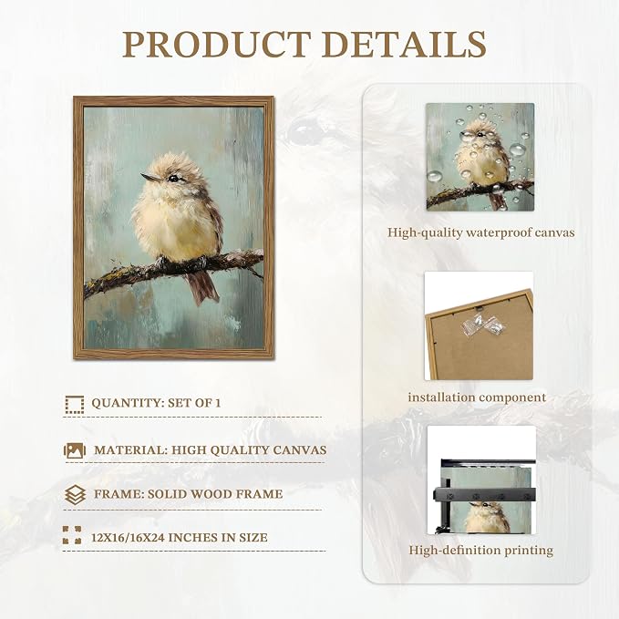 Vintage Framed Bird Wall Art, Rustic Sparrow on Branch Canvas Wall Decor - Image 4