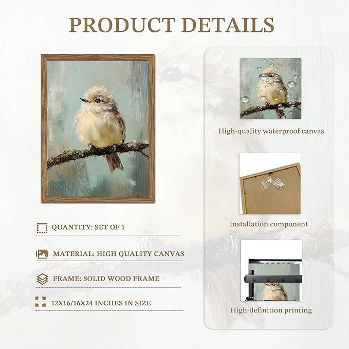 Vintage Framed Bird Wall Art, Rustic Sparrow on Branch Canvas Wall Decor - Image 4