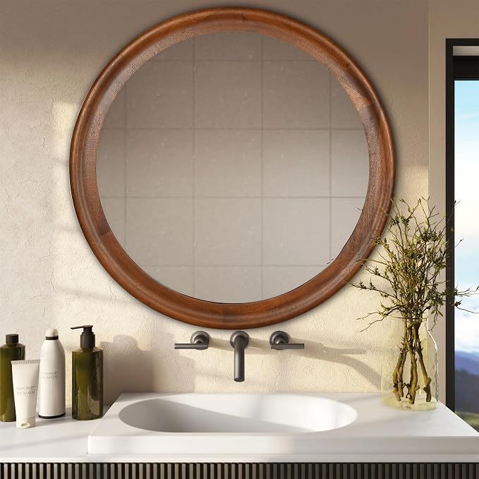 CULER Round Wall Mirrors 30 Inch, Wood Rustic Decorative Transitional Mirror - Image 5