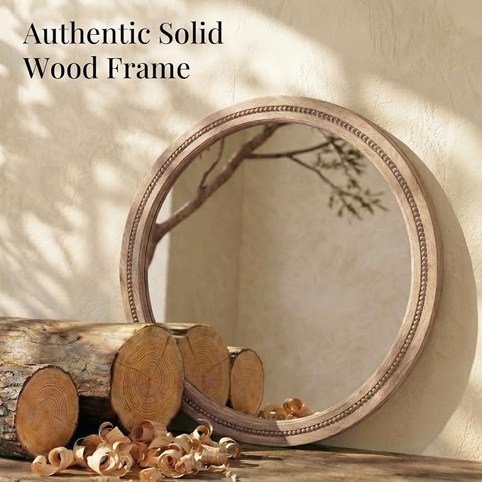 36" Large Round Wood Mirror for Living Room Fireplace, Big Solid Wood Wall - Image 4