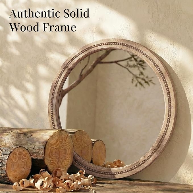 30" Round Solid Wood Mirror for Bathroom Vanity, Handcrafted Beaded Circle Wall - Image 4