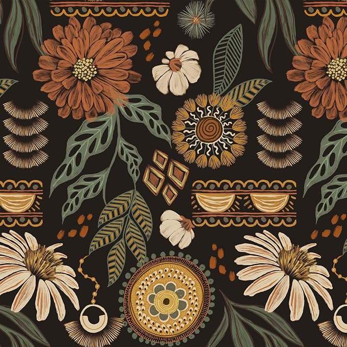 JiffDiff Boho Peel and Stick Wallpaper Vintage Floral Wall Paper Removable Sun - Image 2