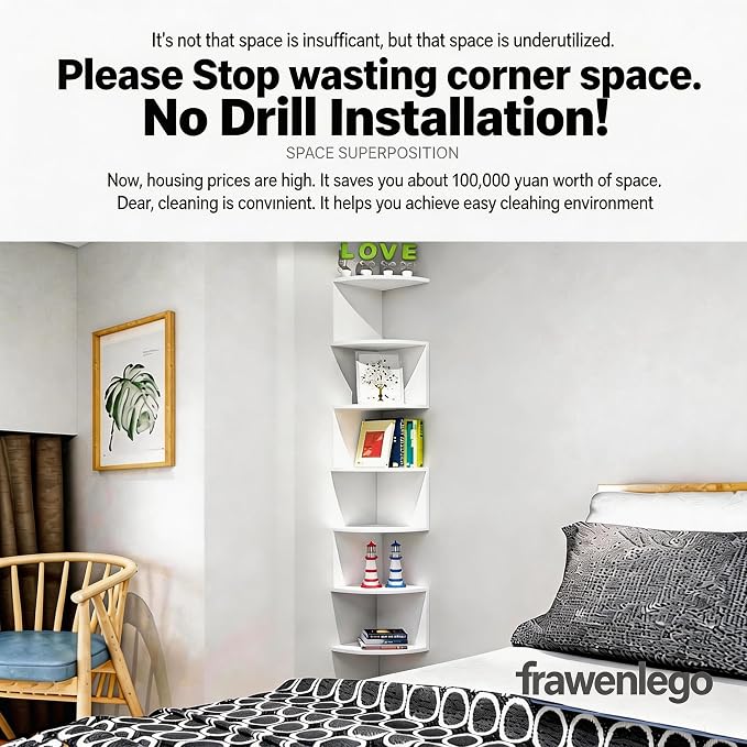 No-Drill Corner Shelf Wall Mount, 7-Tier Floating Corner Bookshelf - Image 3
