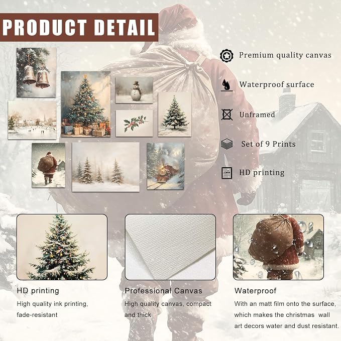 uniro Christmas Wall Art Prints, Vintage Christmas Decor, Farmhouse Winter - Image 2